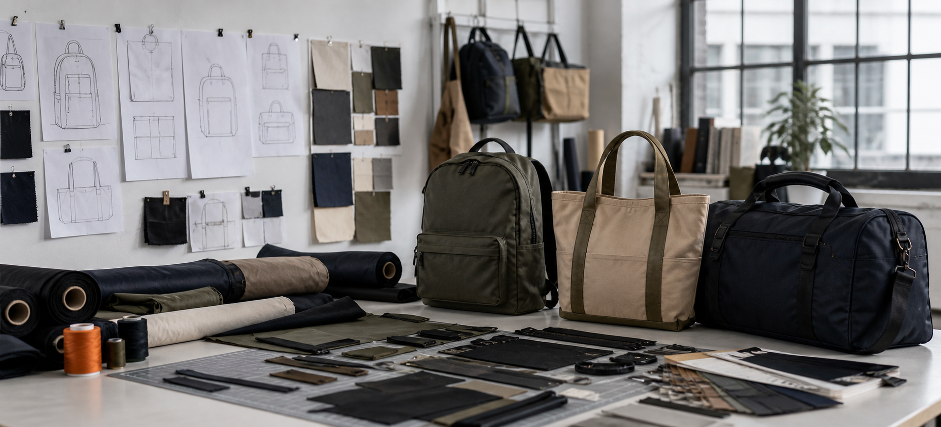 Bag sketches, materials and practical samples arranged across a development studio