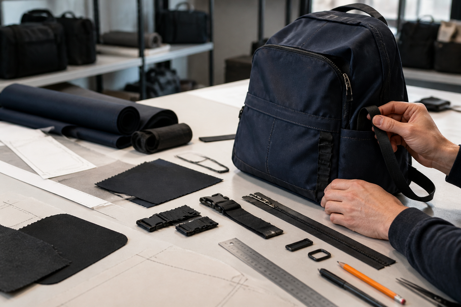 Backpack sample, fabrics and components arranged for product development review