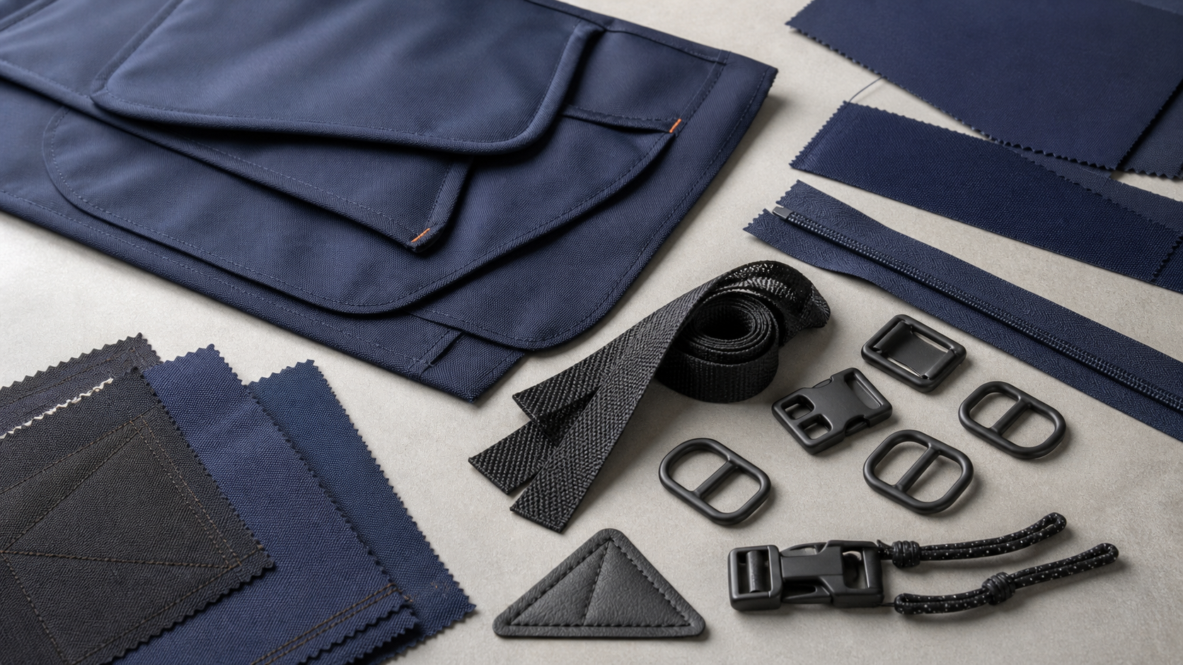 Unfinished navy bag panels, seam samples, webbing and hardware arranged for construction review