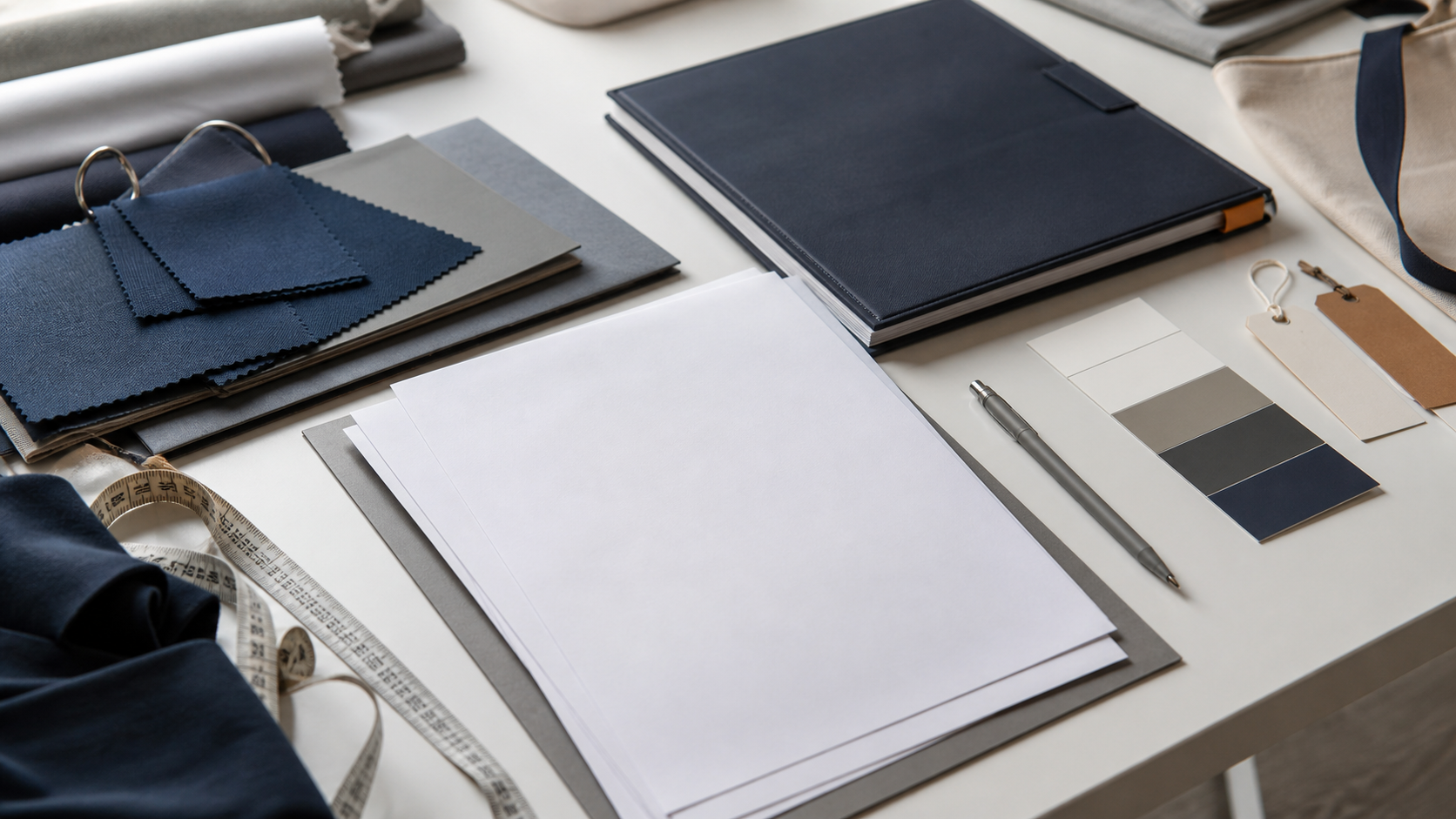 Blank project documents, textile swatches and coordination tools arranged on a worktable