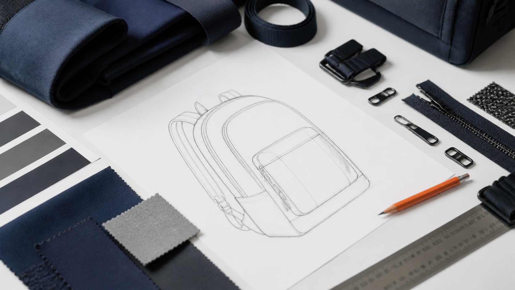 Backpack drawing, navy fabric swatches and bag components arranged for a product brief