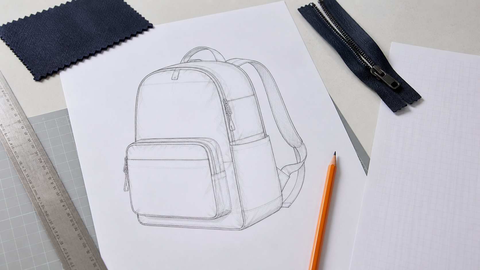 Technical backpack drawing, ruler, pencil, fabric and zipper arranged as development inputs
