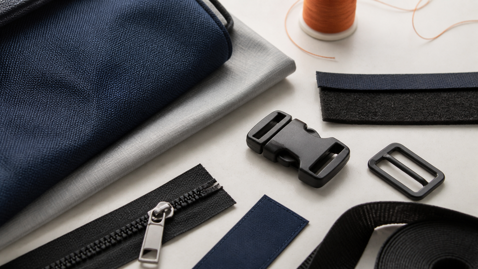 Navy and grey fabrics, webbing, zipper, buckle and hardware prepared for selection