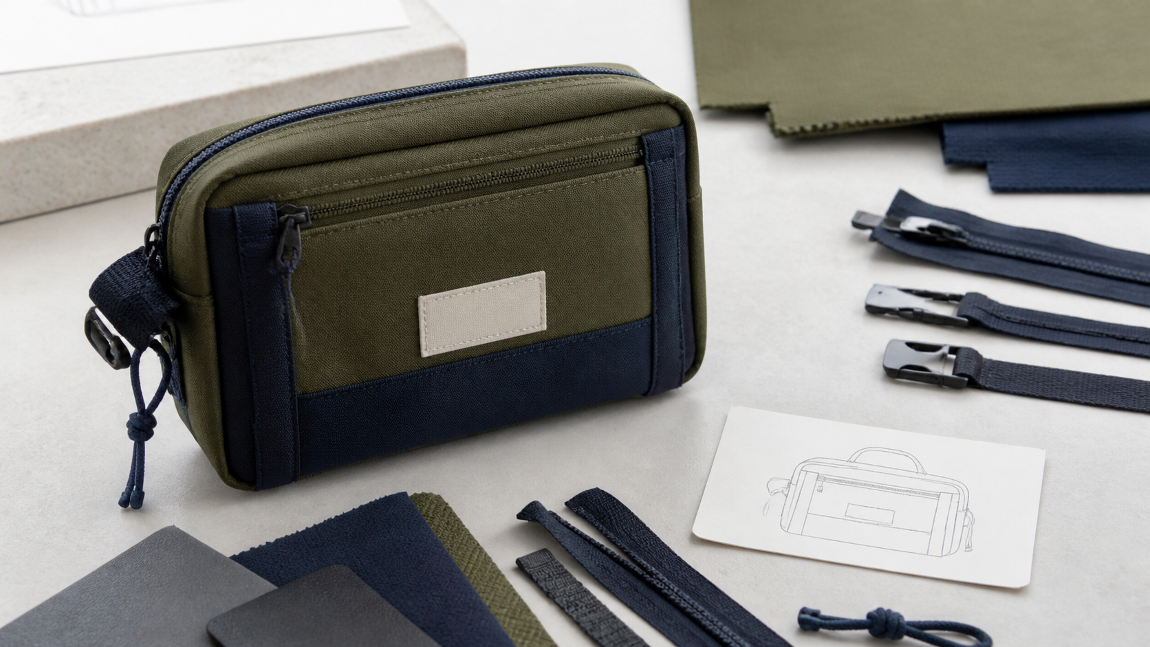 Original unbranded organizer pouch prototype with blank label, fabrics and trim choices