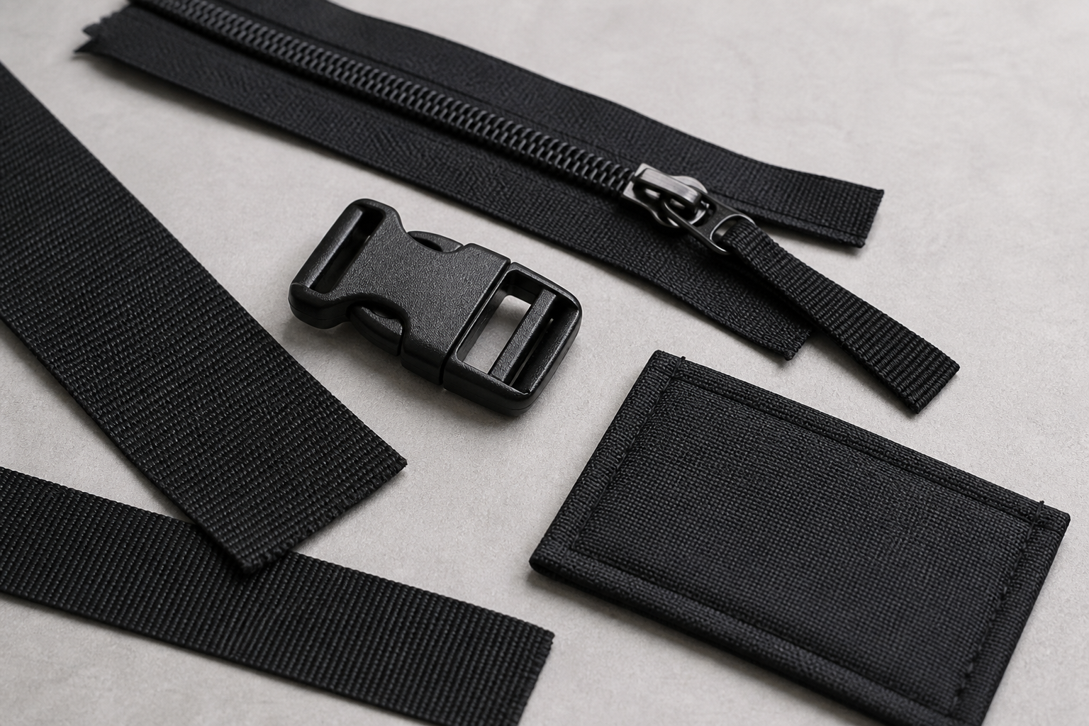 Zipper, puller, webbing, buckle and sewn attachment study