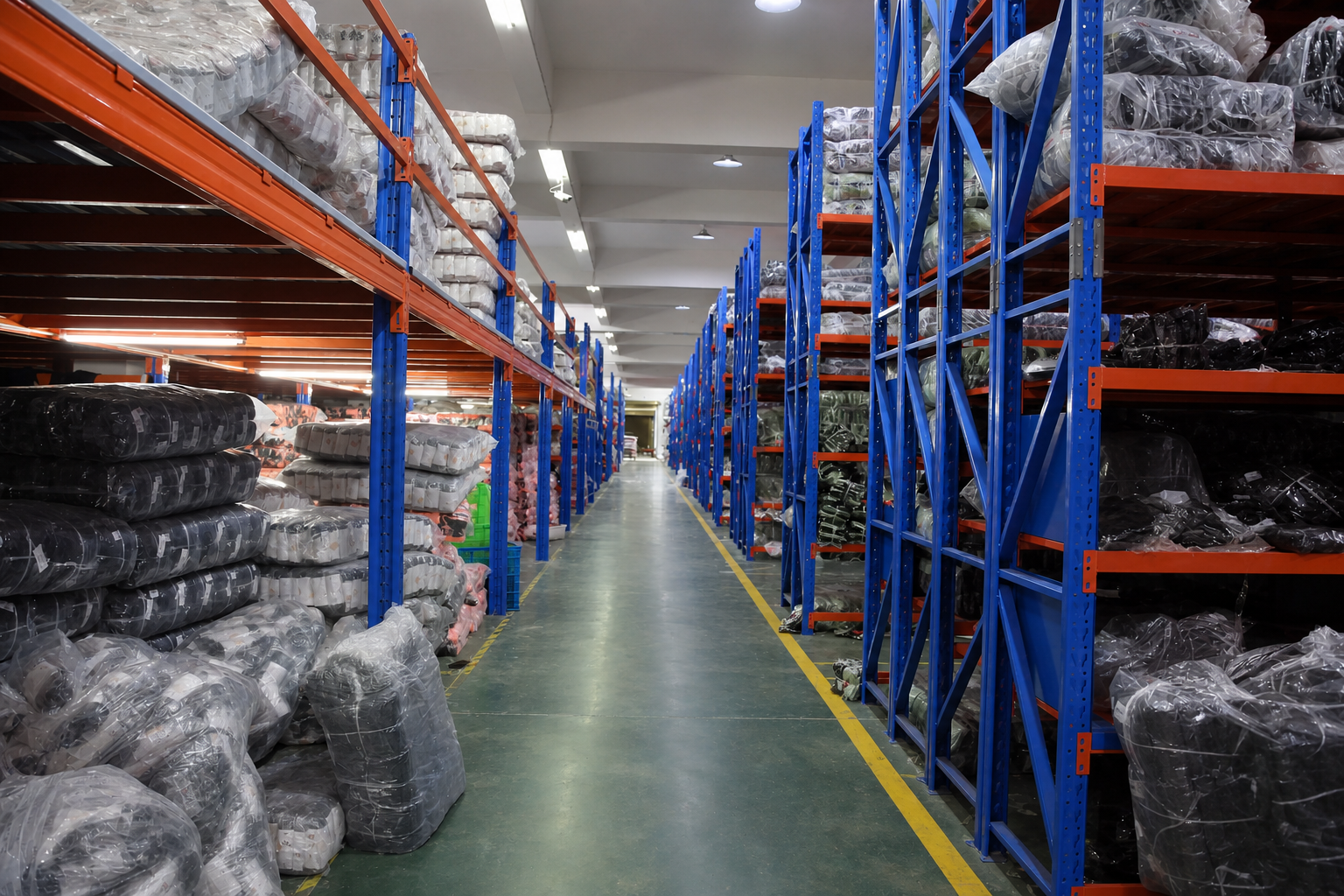 Organized material and component storage racks inside an affiliated production facility