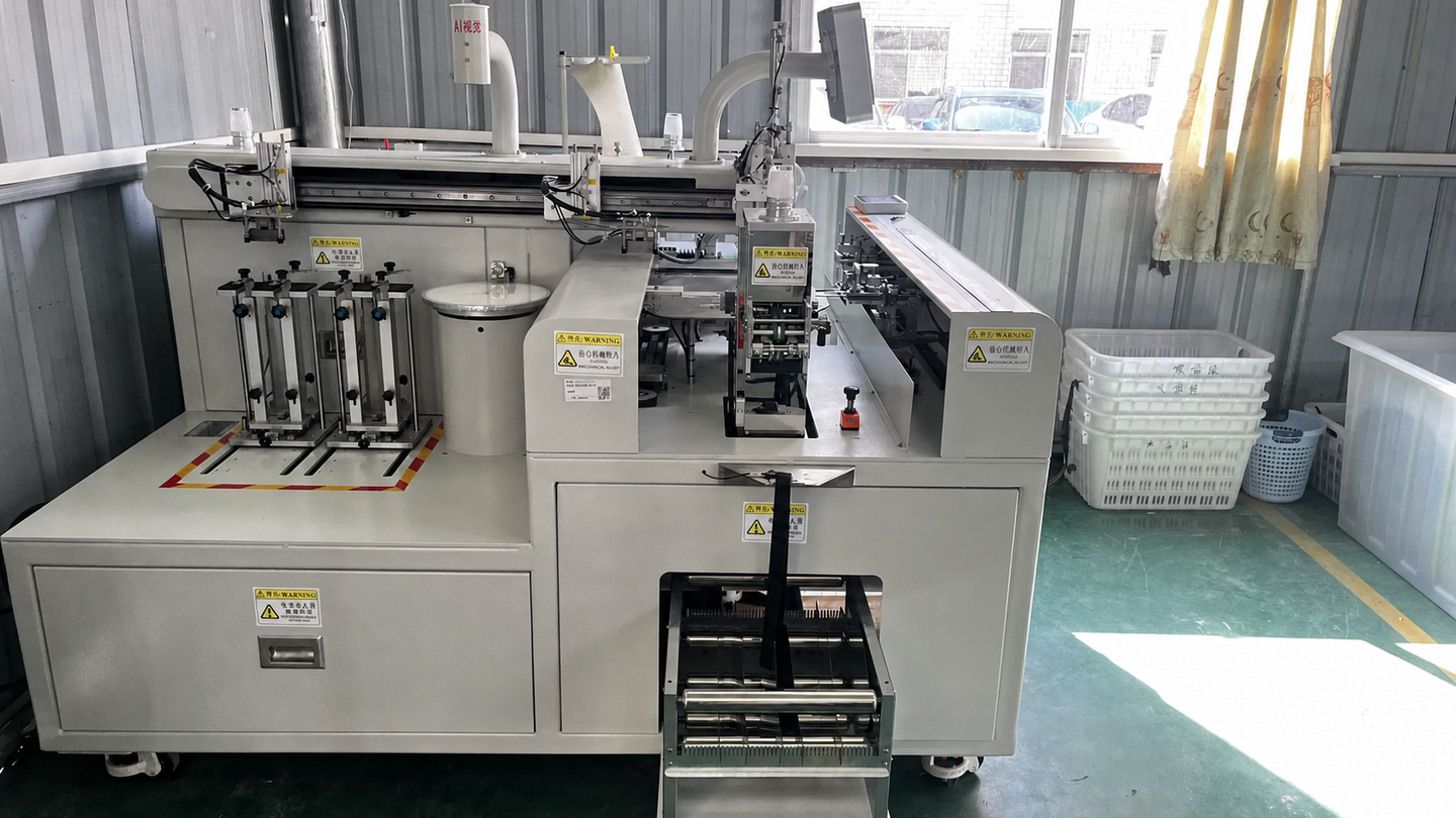 Component preparation machine with guides and a webbing feed in the bag factory