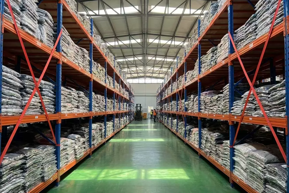 Organized factory warehouse aisle with packed finished goods arranged on tall racking