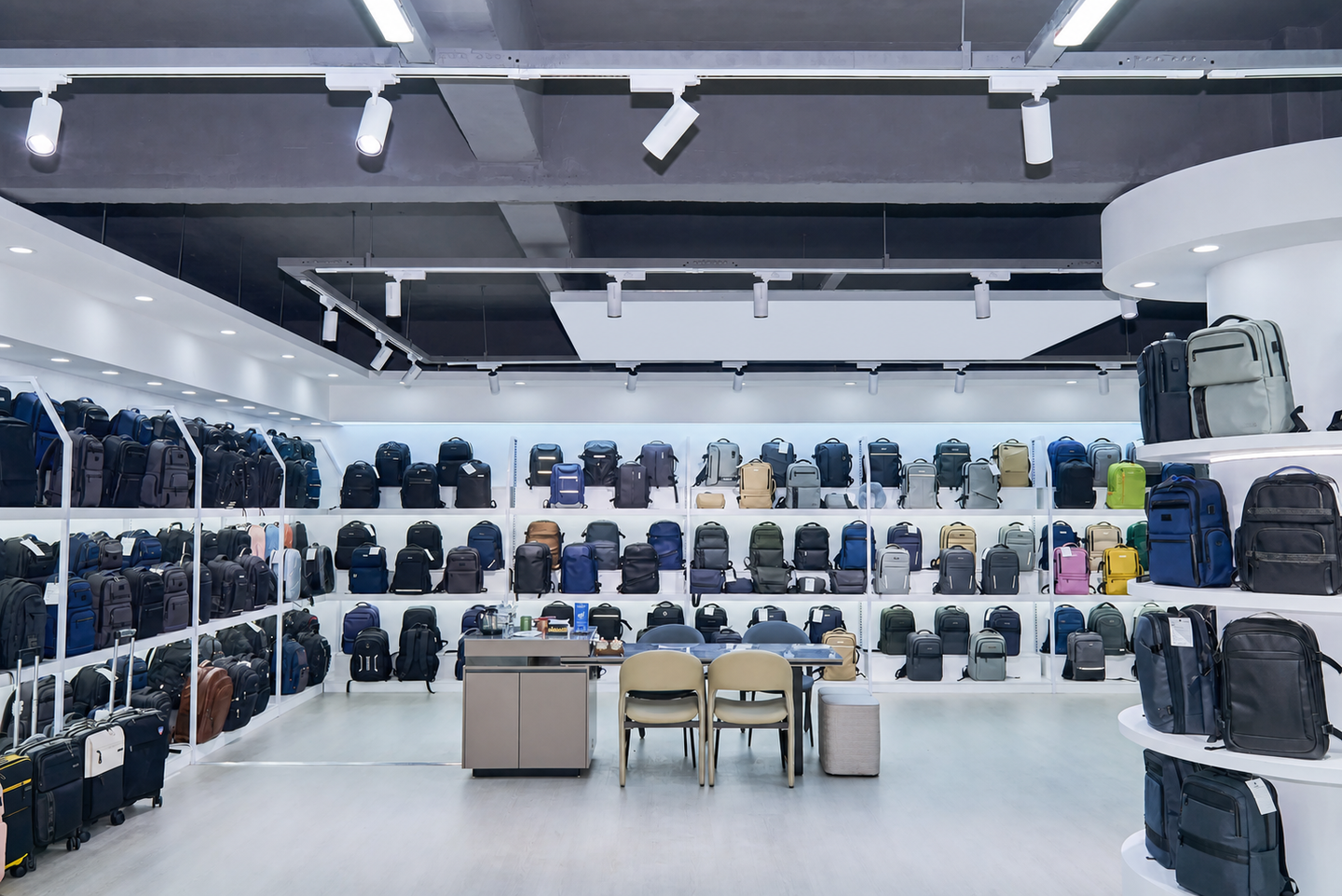 Customer-supplied photograph of the bag factory sample room with textile bags on display