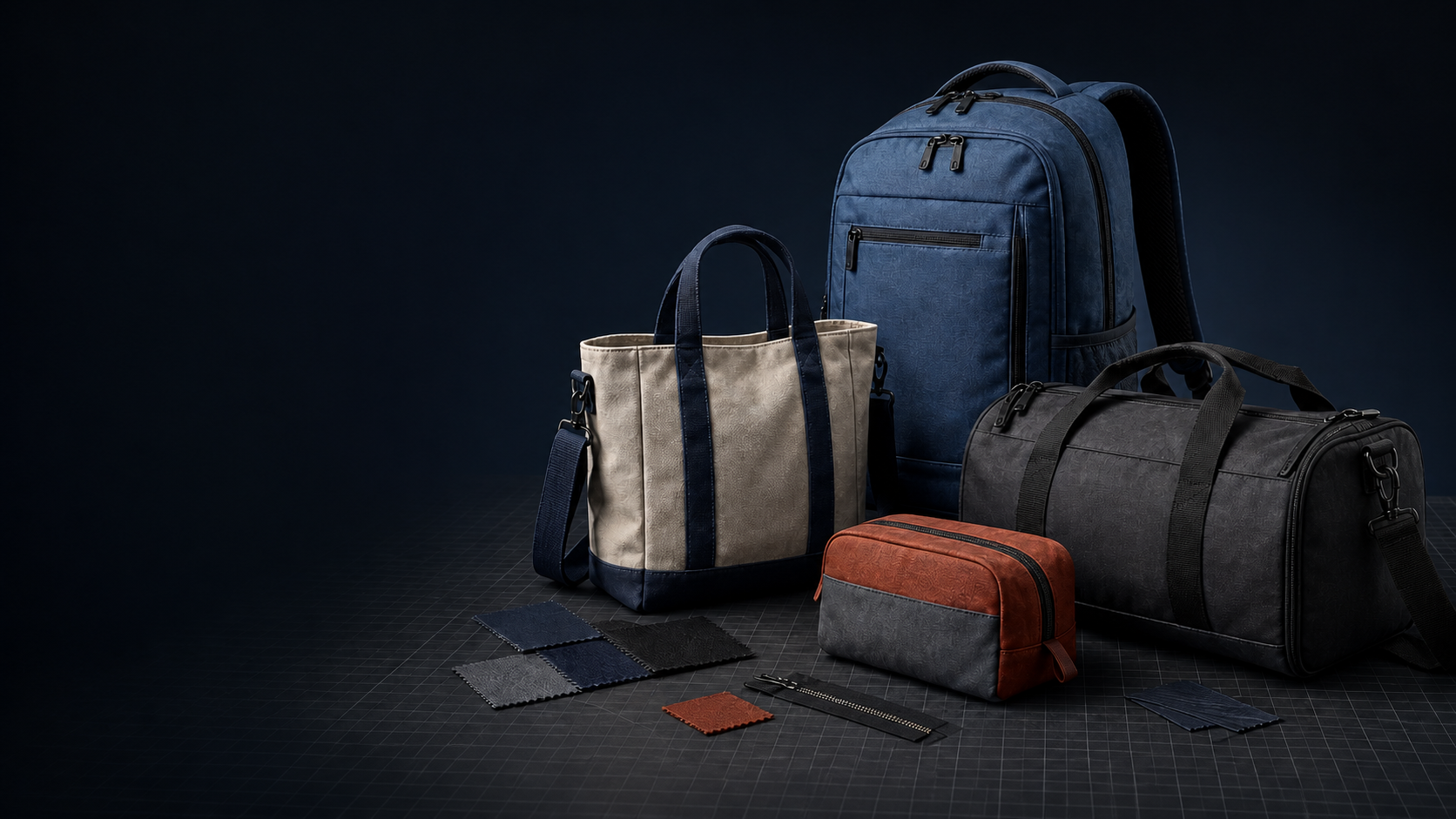 Backpack, canvas tote, duffel and cosmetic pouch with fabric swatches and zipper on a bag-development table