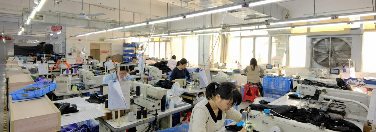 Bag sewing team working at industrial machines across a bright production floor