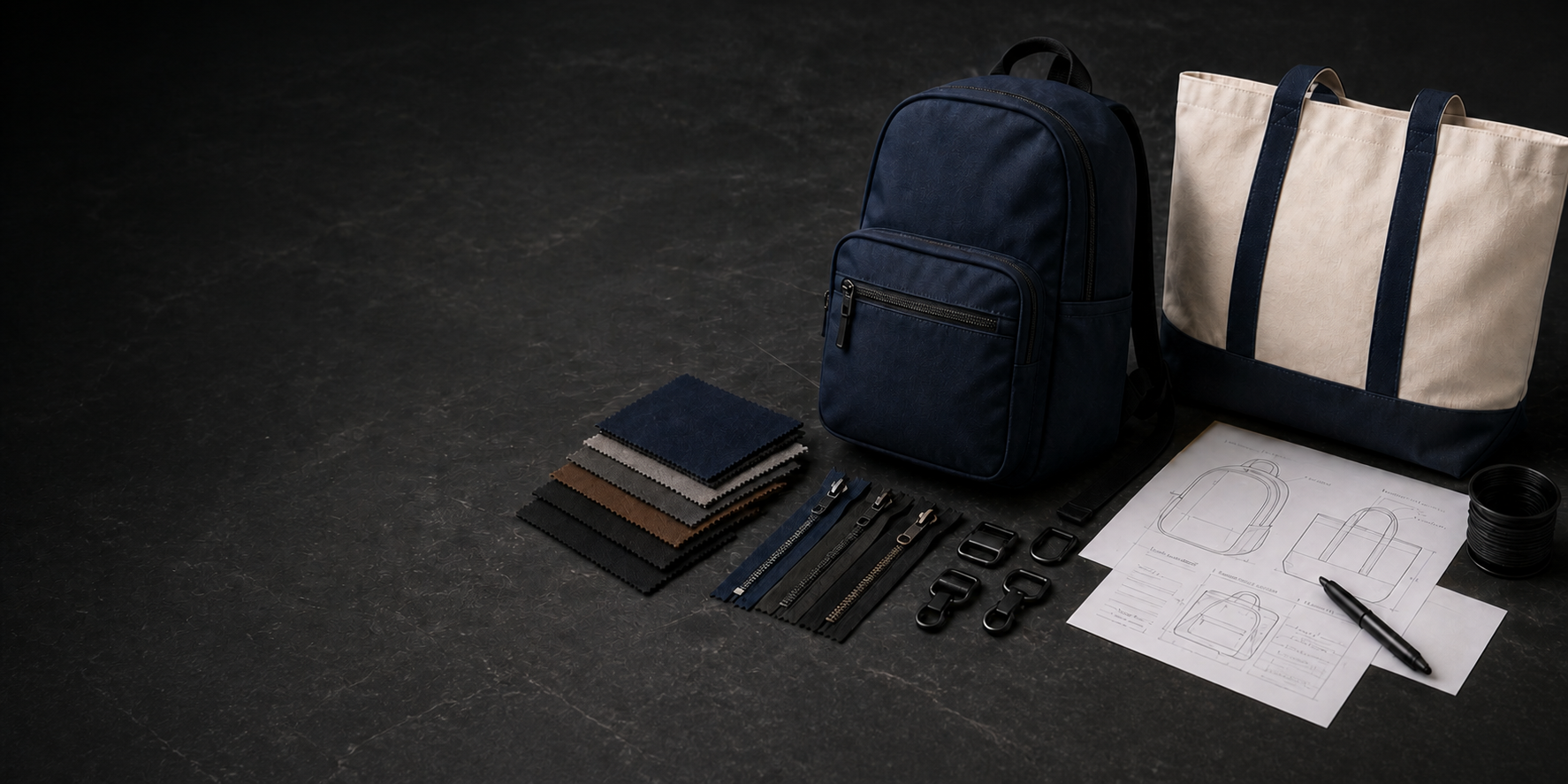 Editorial still life of textile bags, fabric swatches and development drawings