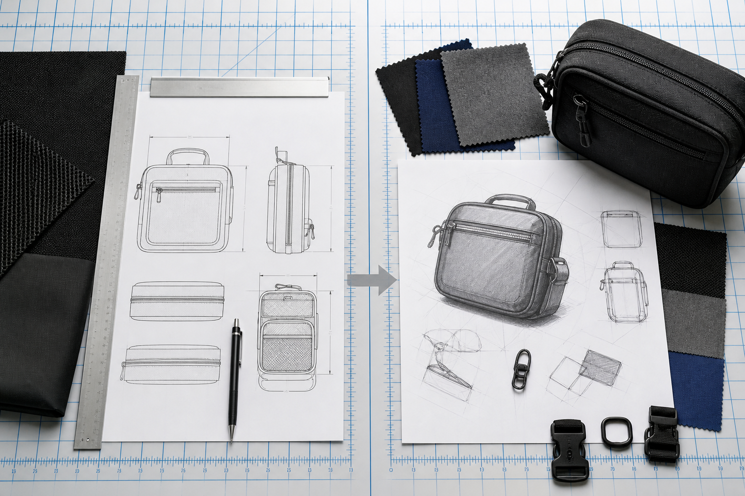 Editorial comparison of a bag development drawing and a finished reference bag