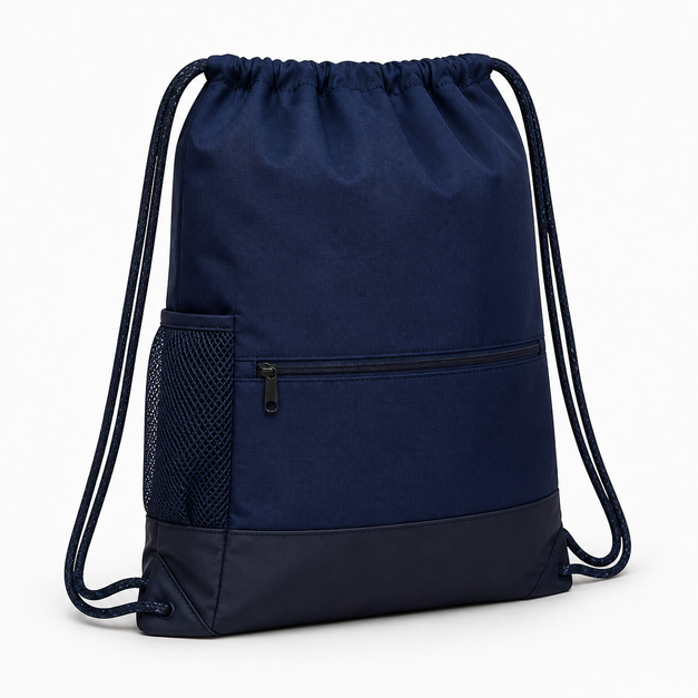Motion Drawstring Sports Backpack, front three-quarter editorial design reference