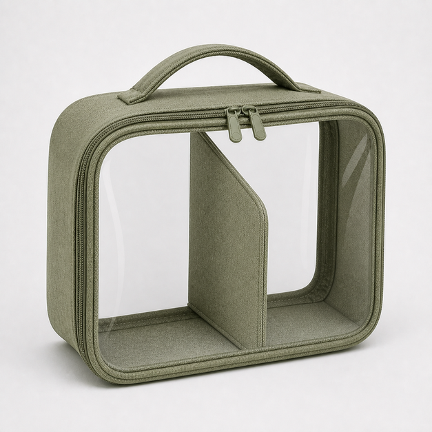 Vista Clear-Panel Cosmetic Case, front three-quarter editorial design reference