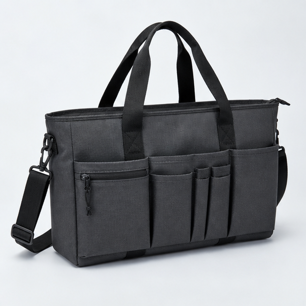 Utility tote (Multi-Pocket Utility Tote), front three-quarter design reference