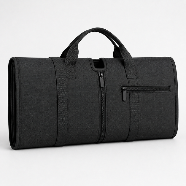 Foldover Garment Carrier, folded front three-quarter editorial design reference